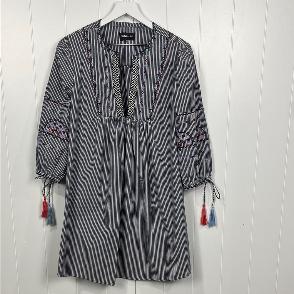 Sugar Lipz Pullover Dress M Blue/White Stripe 3/4 Sleeves w/Embroidery Pretty